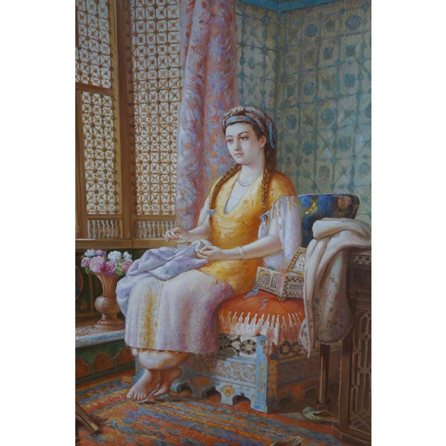 Late 20th Century Dreaminess After Dorofield Hardy Orientalist Ottoman Style Oil Painting Framed For Sale - Image 11 of 13
