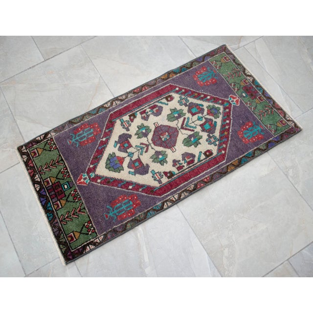 1970s Hand Knotted Turkish Small Rug Purple Accent Rug - 20'' X 39'' For Sale - Image 12 of 13