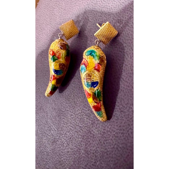 Vintage Enemel 14 Kt Yellow Gold 10.4 Gm Dangling Earrings, 1.6 Inch Long For Sale - Image 4 of 18