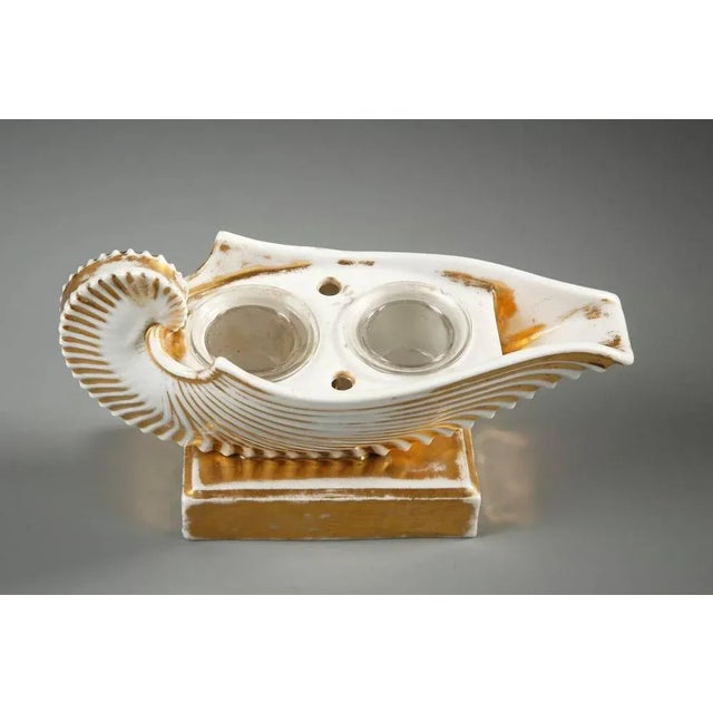 Metal 19th-Century Shell-Shaped White Porcelain Inkwell For Sale - Image 7 of 9