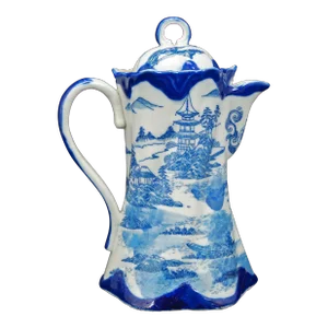 Antique English Flow Blue Transferware Chinoiserie Chocolate Pot With Pagoda