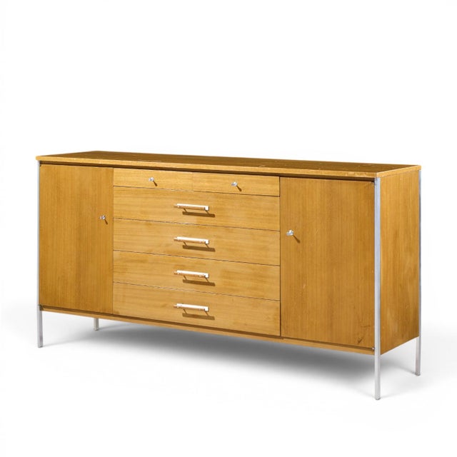 Mid-Century Modern Paul McCobb for Calvin Linear Mid Century Walnut and Stainless Steel Credenza For Sale - Image 3 of 10