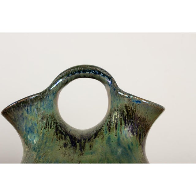 Art Deco Style Double-Necked Vase in Iridescent Green Flamed Stoneware by Alphonse Cytère, 1920 For Sale - Image 3 of 10