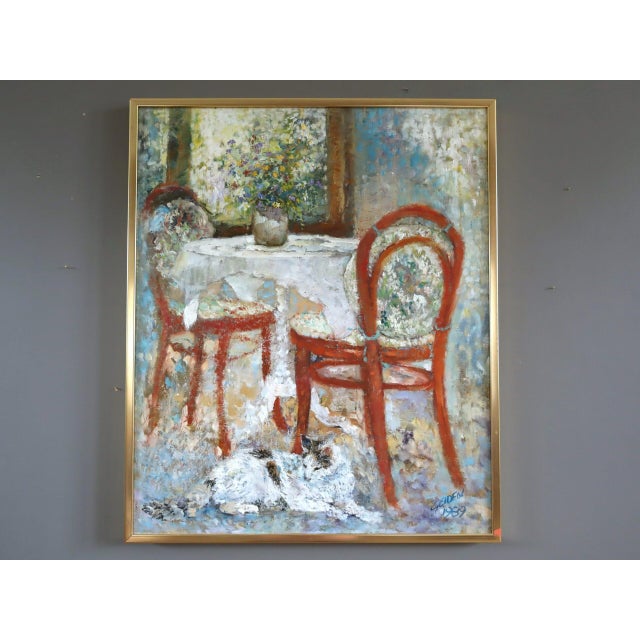 TABLE FOR TWO Size: 26.4 x 22 inches (including frame) Oil on canvas An intimate interior scene that exudes warmth and...
