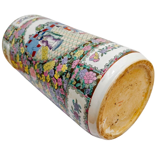 Vintage Hand-Painted Chinoiserie Rose Medallion Floral Umbrella Stand For Sale - Image 11 of 11