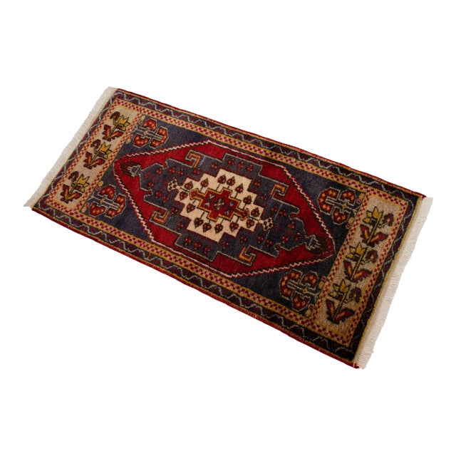 1960s Vintage Hand Knotted Small Rug, Kitchen, Bath Entry Decor Turkish Rug 2x4 Ft Approx For Sale