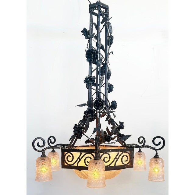 French Art Deco Wrought Iron, Glass Chandelier, Muller Freres Attributed, C1930 For Sale - Image 11 of 13