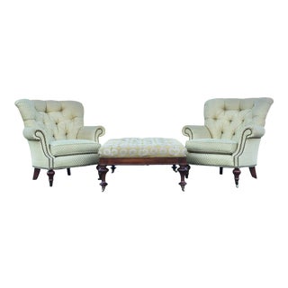 Thomasville Tufted Club Chairs and Ottoman Set For Sale