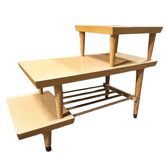 1950s 1950s Mid-Century Modern Wood Laminate and Brass Three-Tier Side Lamp Table For Sale - Image 5 of 8