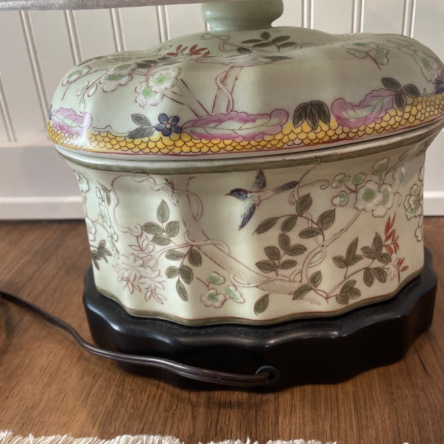 Eggshell 1960s Hand Painted Box Lamp Asian Inspired, Custom Shade For Sale - Image 8 of 8