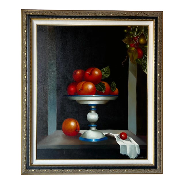 80's Carlos A. Cadavid " Window With Fruits " Oil on Canvas Painting, Framed For Sale