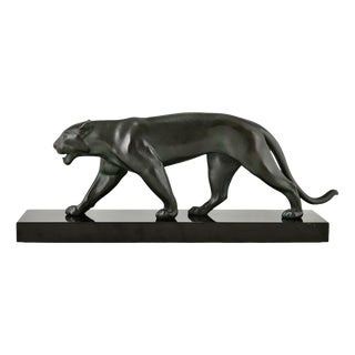 Max Le Verrier, Art Deco Uganda Panther Sculpture, 1930, Metal on Marble Base For Sale