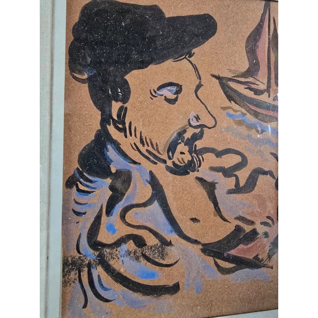 1940s Vintage Mid Century Era Watercolor Painting Fisherman For Sale - Image 5 of 9