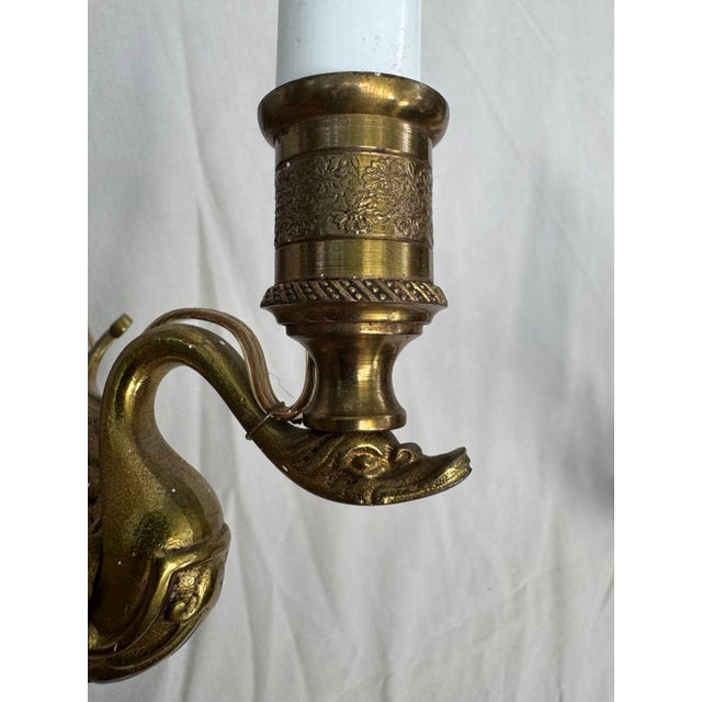 Vintage Pair of Brass Empire Revival Double Swan Electric Light Wall Sconces For Sale - Image 4 of 9