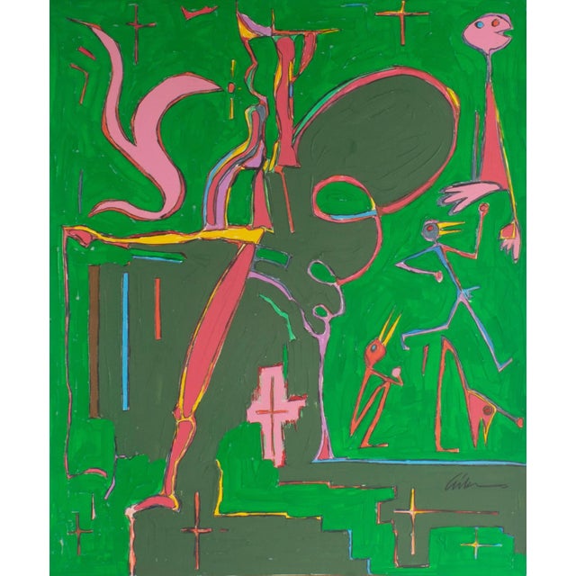 A signed 1980s abstract mixed media painting by the American artist Harry Hilson (1935-2004). This work has a bright green...