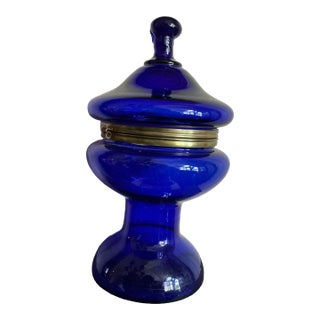 Vintage Cobalt Decanter W/ Metal Hinged Glass Top For Sale