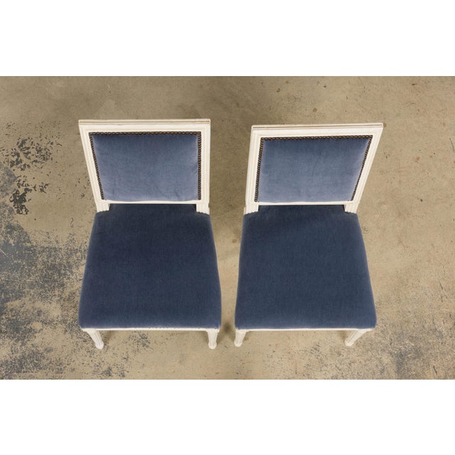 French Antique French Louis XVI Style Painted Side Chairs W/ Blue Mohair – A Pair For Sale - Image 3 of 18