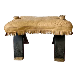 Early 20th Century Antique Black Painted Leather Camel Saddle Foot Stool