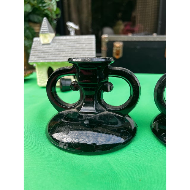 Black Milk Glass Pair of Candleholders For Sale - Image 4 of 11