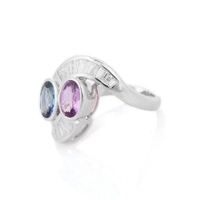 Art Deco Multi Sapphire Cocktail Ring in 18k Solid White Gold With Diamonds Size 7 For Sale - Image 3 of 8