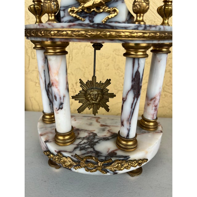 Metal Vintage French Marble Ormolu Column Clock For Sale - Image 7 of 12