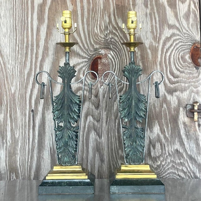 Verdigris Vintage Boho Maitland Smith Patinated Fleur De Lys Lamps - a Pair For Sale - Image 8 of 13