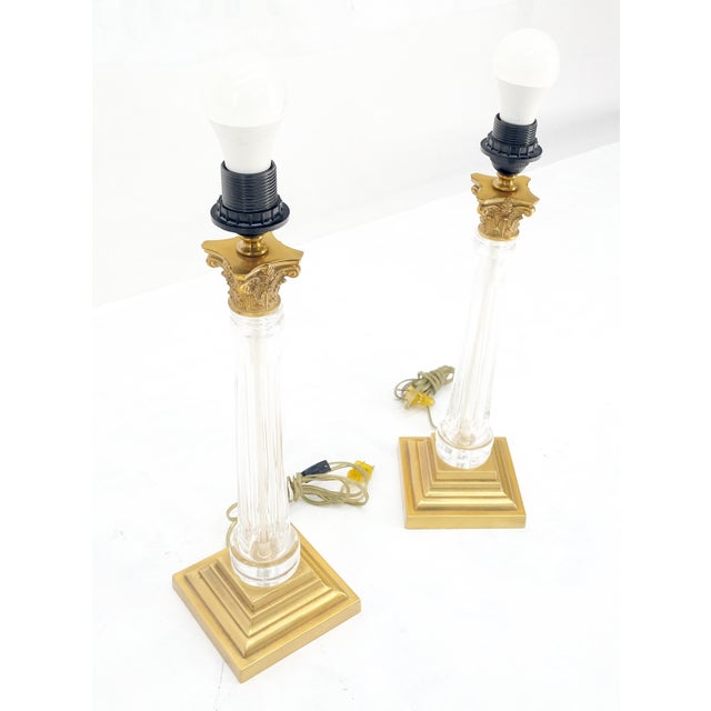 Metal 960'sPair of Crystal & Square Brass Bases Ornate Shades 25" Tall Table Lamps For Sale - Image 7 of 15