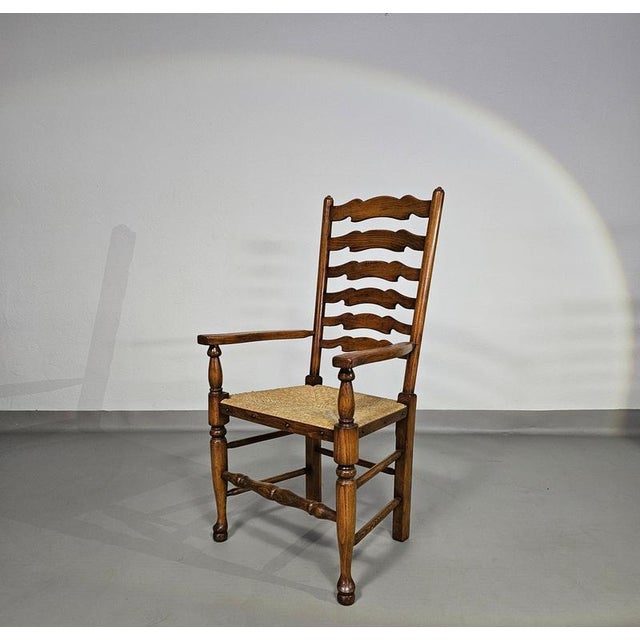 Rustic Oak Farmhouse Ladderback Dining Chairs with Rush Seats, 1960s, Set of 4 For Sale - Image 4 of 18