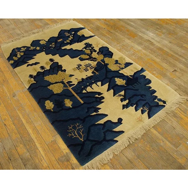 Antique Chinese - Bao Tou rug, Size: 3'2" x5'0". Antique Baotou Small Scatter Size Wool Beige, Blue Rug, Circa Date:...