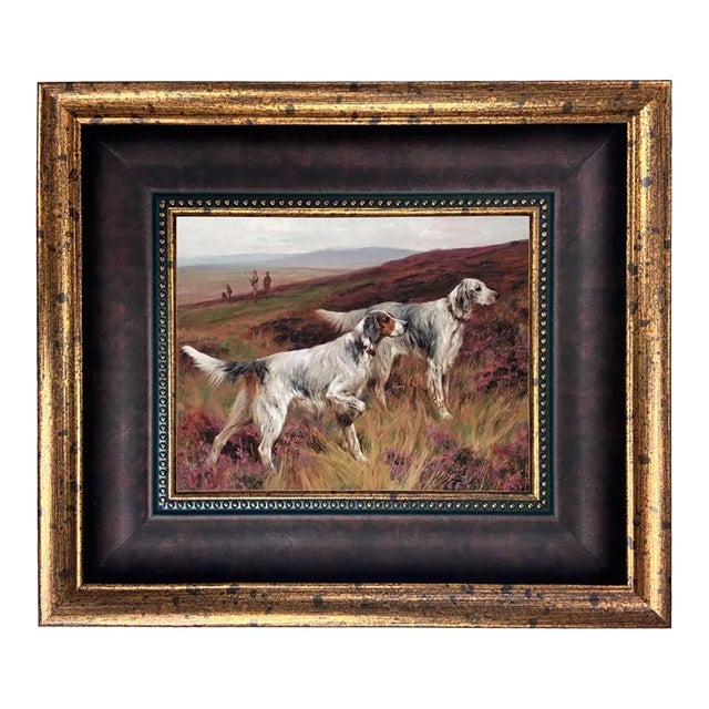 "Two Setters on a Grouse" Contemporary Reproduction Print on Canvas After Arthur Wardle, Brown/Gold Frame For Sale
