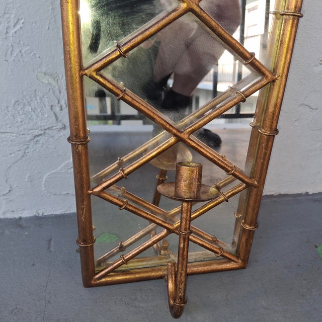 Ornamental & Decorative Materials 1940's Hollywood Regency Heavy Gilt Iron Faux Bamboo Wall Mirror Candle Accent For Sale - Image 7 of 12