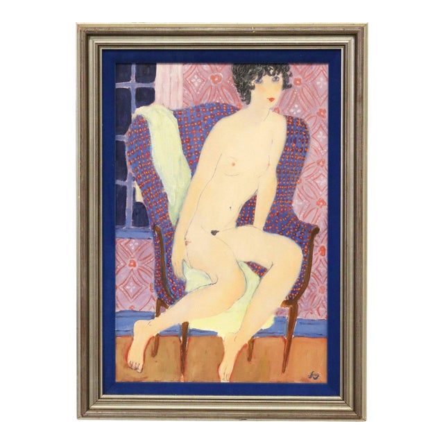 1970s Framed Modern Oil Painting of a Seated Female Nude by R. Long For Sale