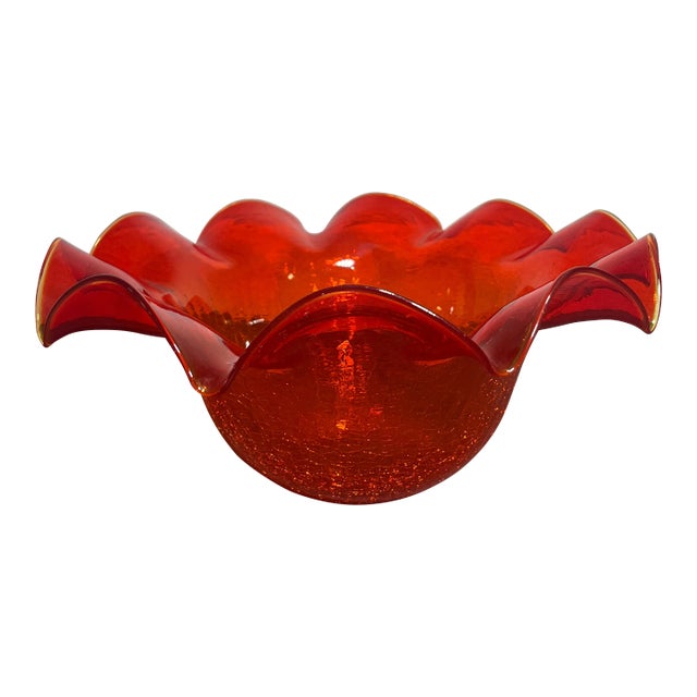 Large Mid-Century Blenko Attributed Orange Crackle Glass Bowl For Sale