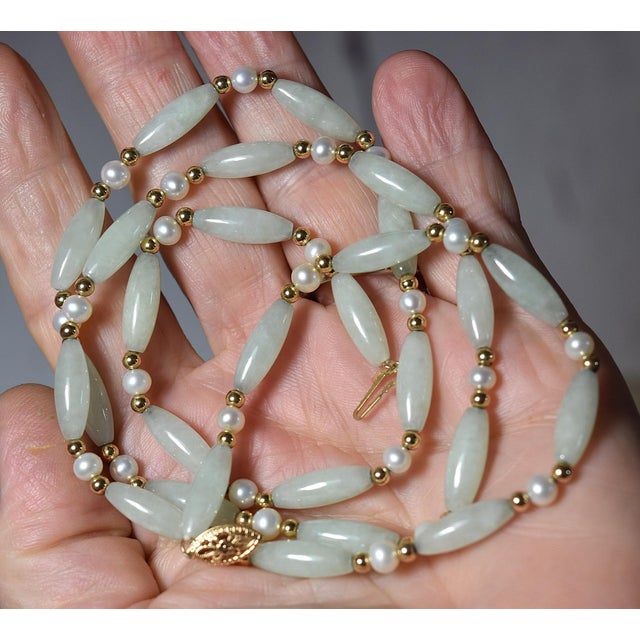 Vintage Barrel Jade & Pearl 14k Beaded 26" Necklace For Sale - Image 10 of 17