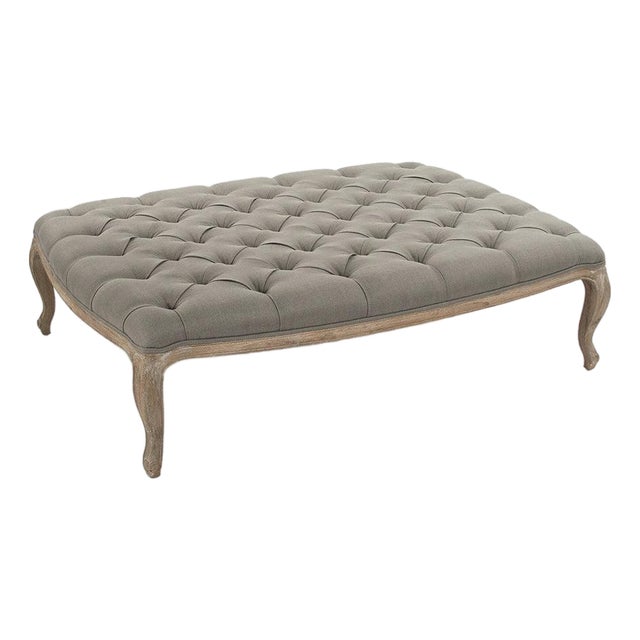Maison Tufted Ottoman with Cabriole Legs - Gray Linen / Weathered Oak Frame For Sale