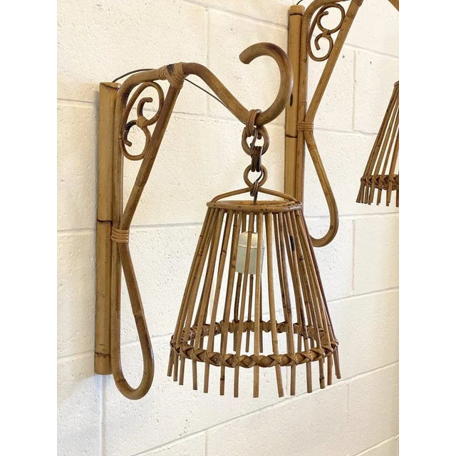 Wall Lamps in Wicker and Bamboo, 1970s, Set of 2 For Sale - Image 5 of 12