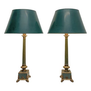 Empire Style Green Metal and Brass Table Lamps, 1960s, Set of 2 For Sale