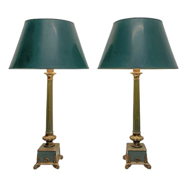 Empire Style Green Metal and Brass Table Lamps, 1960s, Set of 2 For Sale