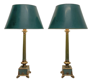 Empire Style Green Metal and Brass Table Lamps, 1960s, Set of 2