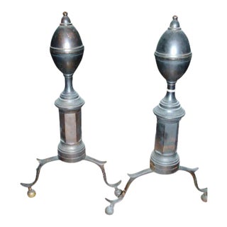 Early 19th Century New York Federal Brass and Wrought Iron Lemon Top Andirons for the Fireplace Hearth - a Pair For Sale