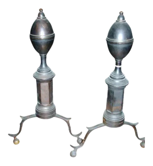 Early 19th Century New York Federal Brass and Wrought Iron Lemon Top Andirons for the Fireplace Hearth - a Pair