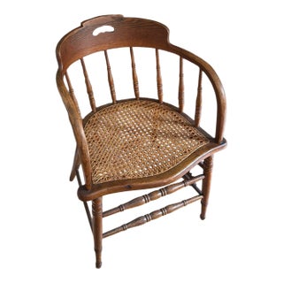 Vintage Oak Spindle Barrel Chair With Hand Caned Seat For Sale