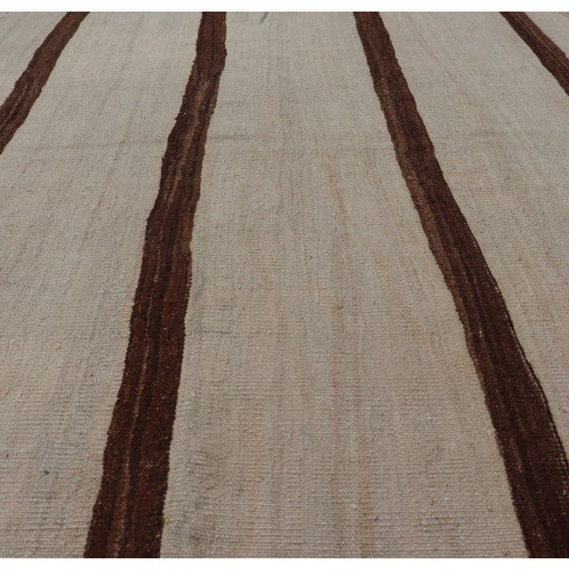 Turkish Vintage Kilim Rug Ivory Beige With Brown Stripes Wool Flatweave For Sale - Image 4 of 10