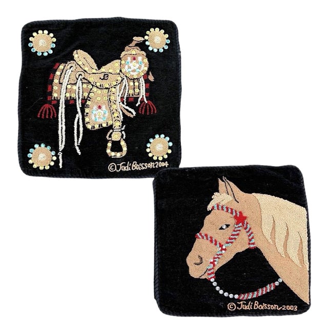 Vintage 2003–2004 Judi Boisson Hand-Hooked Equestrian Horse & Saddle Velvet Pillow Covers – Pair For Sale
