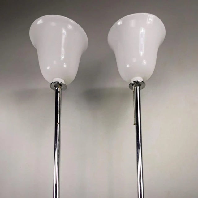 Venini Vintage Chromed-Plated Floor Lamps with Marble Bases and White Glass Diffusers in the style of Venini, 1970s, Set of 2 For Sale - Image 4 of 8