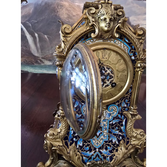 Antique Faberge Style Bronze Enamel Dolphin Clock Set For Sale - Image 18 of 18