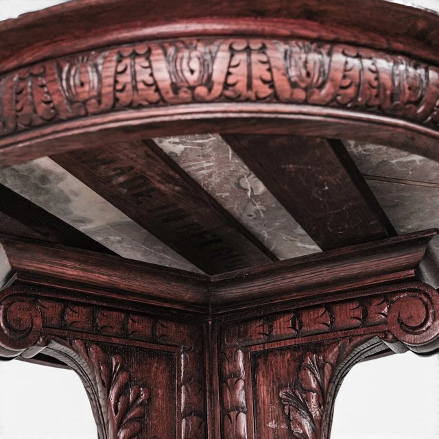 Antique Marble Top Carved Oak Round Table Made in Belgium For Sale In West Palm - Image 6 of 6