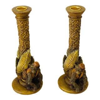Fabulous Vintage Pair of Coastal Safari Monkey Figurines Candlesticks For Sale