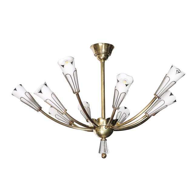 This elegant Mid-Century Modernist chandelier, crafted in France circa 1950, is a refined example of the organic yet...