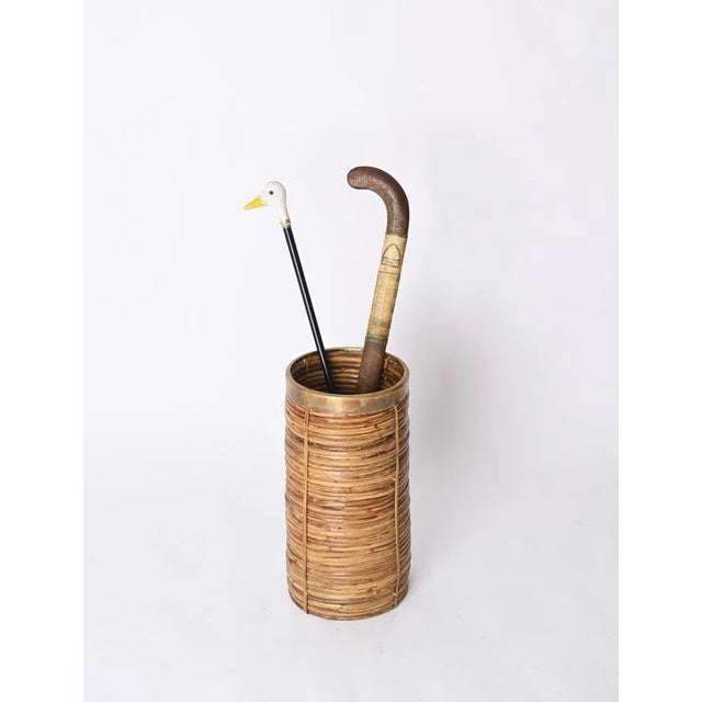Mid-Century French Riviera Umbrella Stand in Rattan and Brass, Italy, 1970s For Sale - Image 10 of 13